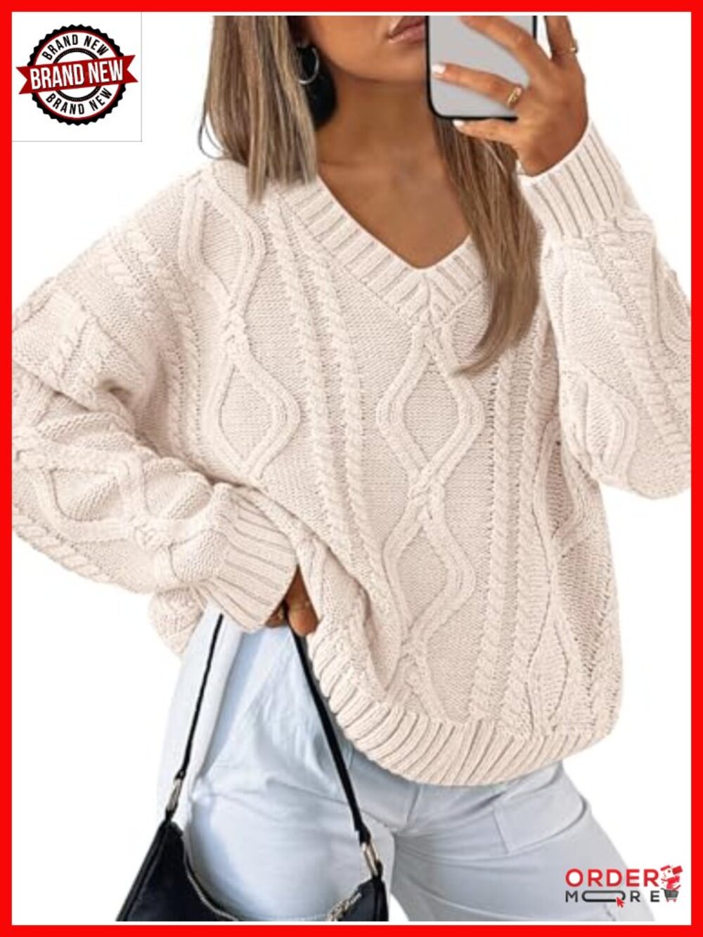 Womens V Neck Cable Knit Oversized Sweater Cotton Acrylic Pullover